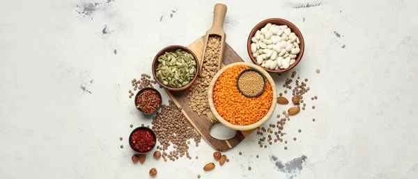 Different Raw Legumes Spices Light Background Space Text — Stok fotoğraf