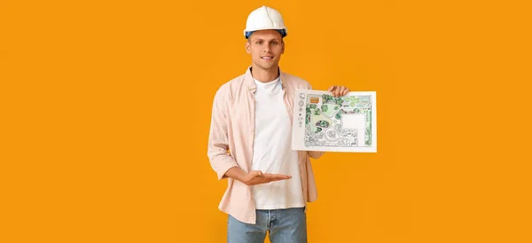 Young Male Landscape Designer New Project Yellow Background — Stockfoto