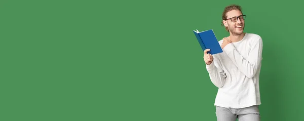 Handsome Man Reading Book Green Background Space Text — Stok Foto