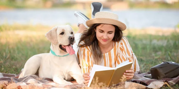 Young Woman Cute Labrador Reading Book Outdoors Summer Day — ストック写真