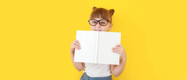 Cute Little Girl Book Yellow Background — Stock Photo, Image