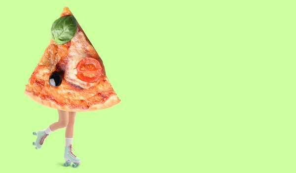 Legs Woman Roller Skates Slice Tasty Pizza Green Background Space — Foto Stock