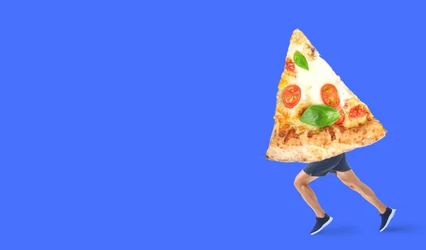 Legs Running Man Slice Tasty Pizza Blue Background Space Text — Zdjęcie stockowe