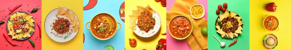 Kollázs Ízletes Chili Con Carne Rizzsel Nachos Színes Háttér Felső — Stock Fotó