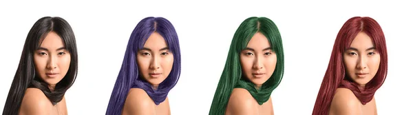 Set Beautiful Asian Woman Unusual Hair Colors White Background — Stockfoto