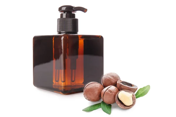 Bottle Natural Cosmetics Macadamia Nuts White Background — Stockfoto