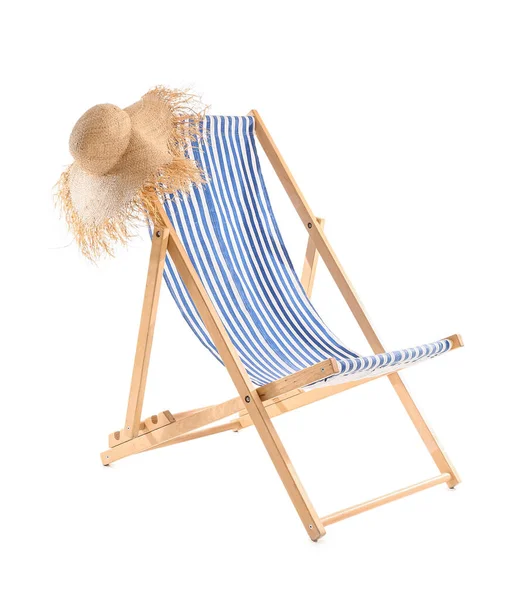 Wooden Deck Chair Hat White Background — Stockfoto