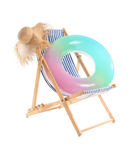 Wooden Deck Chair Hat Inflatable Ring White Background — 스톡 사진