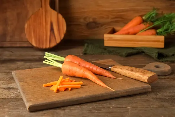 Board Fresh Carrots Knife Wooden Table — Stok Foto