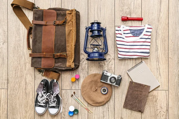 Accessories Travelling Photo Camera Paints Wooden Background — 图库照片