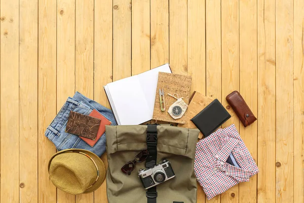 Male Accessories Travelling Bag Wooden Background — Φωτογραφία Αρχείου