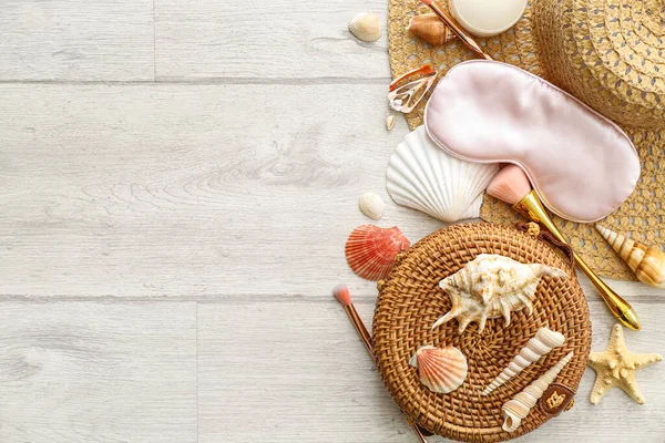 Accessories Travelling Seashells White Wooden Background — Stock Photo, Image