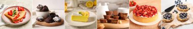 Collage of delicious desserts on table