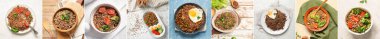Set of tasty boiled buckwheat with eggs and vegetables on table, top view