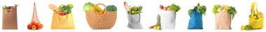 Beyaz zemin üzerinde yeni ürünler olan alışveriş torbaları.