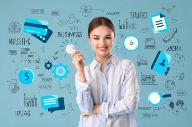 Collage with young businesswoman holding light bulb on blue background. Concept of idea