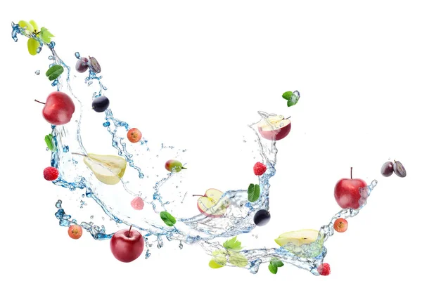 Different Flying Fruits Splash Water White Background — Photo
