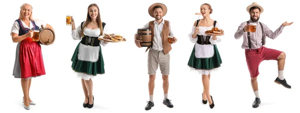 Set People Traditional German Costumes Beer Snacks White Background — Foto Stock