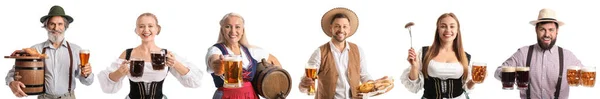 Set People Traditional German Costumes Beer Snacks White Background — ストック写真