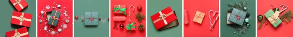 Collage Many Christmas Gifts Decor Color Background Top View — Fotografia de Stock
