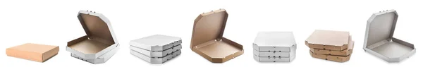 Set Cardboard Pizza Boxes White Background — Foto Stock