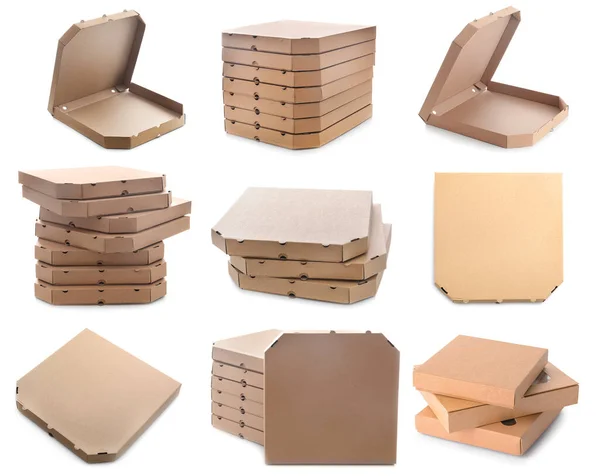 Set Cardboard Pizza Boxes White Background — Stockfoto