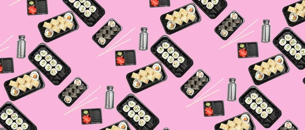 Plastic Boxes Tasty Sushi Roll Delivery Pink Background — Stock fotografie