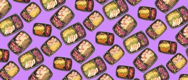 Plastic Boxes Tasty Food Delivery Purple Background — стоковое фото