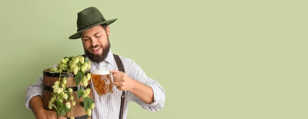 Handsome Man Traditional German Clothes Beer Green Background Space Text — Stock Photo, Image