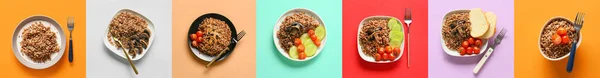 Set Tasty Boiled Buckwheat Fried Mushrooms Vegetables Bread Color Background — ストック写真