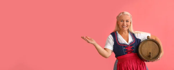 Oktoberfest Waitress Holding Barrel Beer Pink Background Space Text — ストック写真