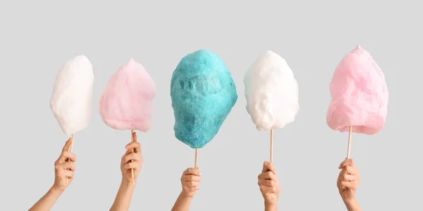 Female Hands Different Cotton Candy Light Background — 스톡 사진