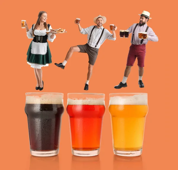 Collage Fresh Beer Small People Traditional German Clothes Orange Background — Stockfoto