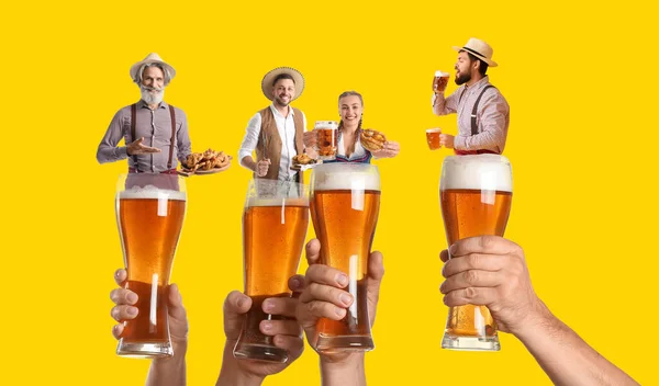 Collage Hands Clinking Glasses Beer Small People Traditional German Clothes — Stockfoto