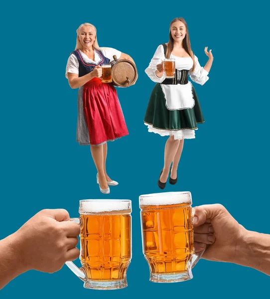 Collage Hands Clinking Mugs Beer Small Oktoberfest Waitresses Blue Background — Fotografia de Stock