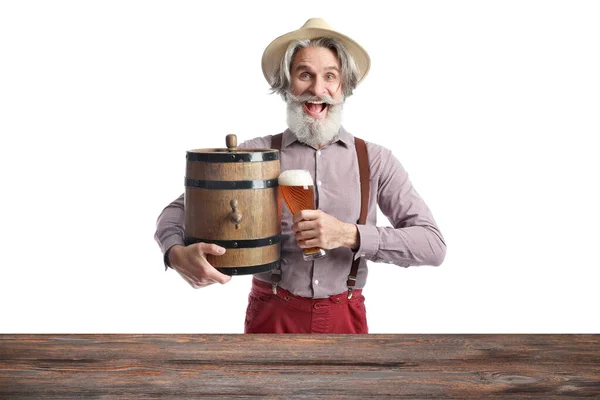 Mature Man Traditional German Clothe Beer Table White Background — Stock Photo, Image