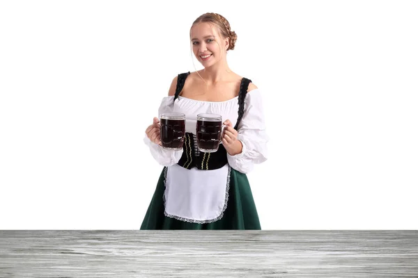 Beautiful Oktoberfest Waitress Mugs Beer Wooden Table White Background — Stockfoto