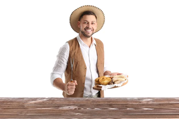 Handsome Man Traditional German Clothes Snacks Table White Background — Stock Photo, Image
