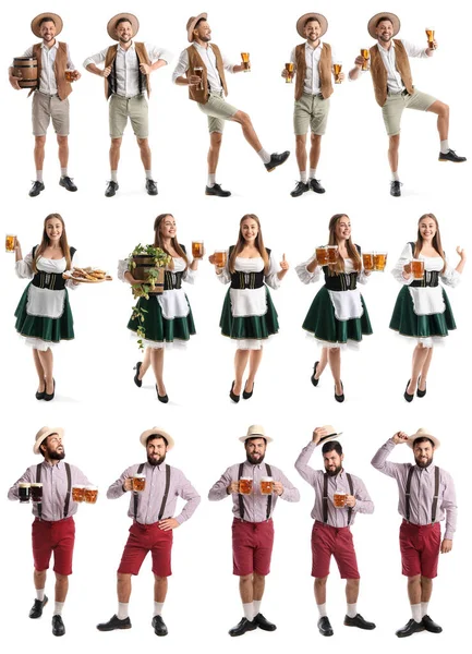Set People Traditional German Clothes Beer Snacks White Background — Foto Stock