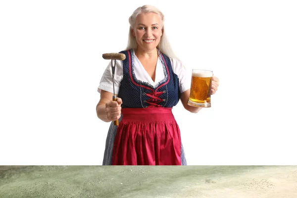 Mature Oktoberfest Waitress Beer Sausage Table White Background — Stock Photo, Image