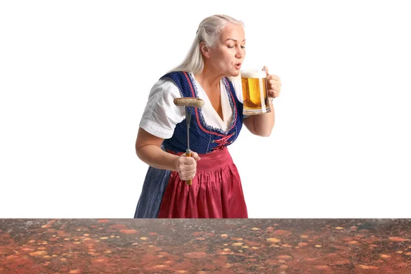 Mature Woman Traditional German Clothes Sausage Beer Table White Background — Stock Photo, Image