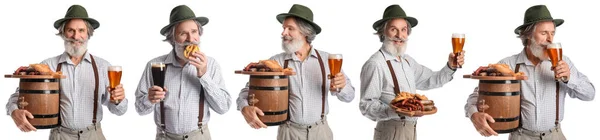 Set Senior Man Traditional German Clothes Beer Snacks White Background — Fotografia de Stock