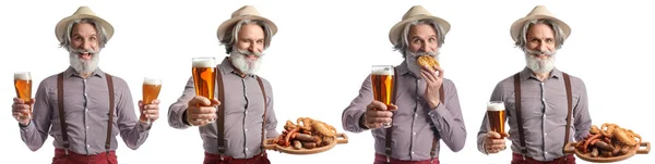 Set Senior Man Traditional German Clothes Beer Snacks White Background — стоковое фото