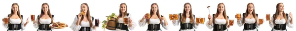 Set Young Octoberfest Waitress Beer Snacks White Background — Fotografia de Stock