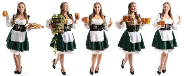 Set Young Octoberfest Waitress Beer Snacks White Background — 스톡 사진