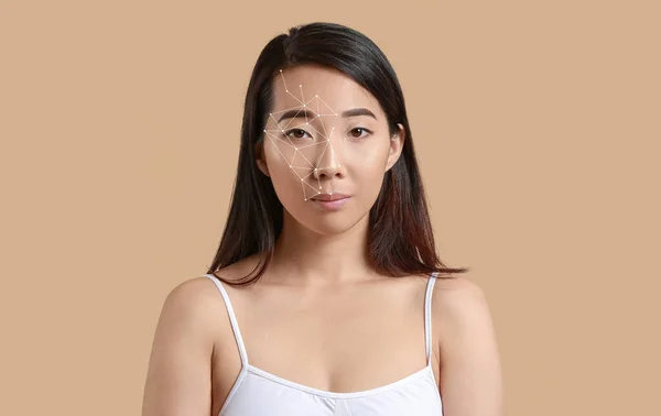 Portrait Beautiful Young Asian Woman Healthy Skin Beige Background — ストック写真