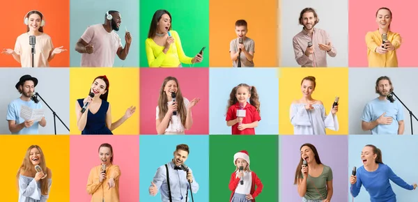 Set Different People Microphones Color Background — 스톡 사진