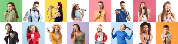 Set of different people with microphones on color background