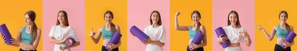 Set Young Woman Foam Roller Colorful Background — ストック写真