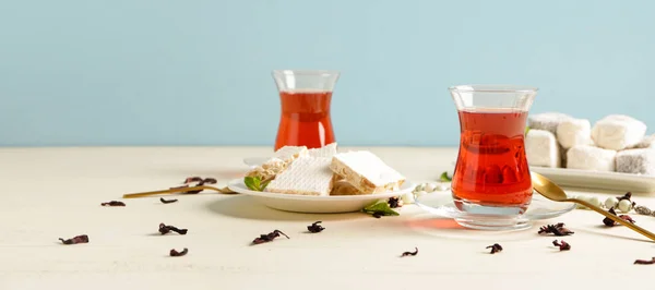 Tasty Turkish Tea Sweets White Table — Stock Photo, Image